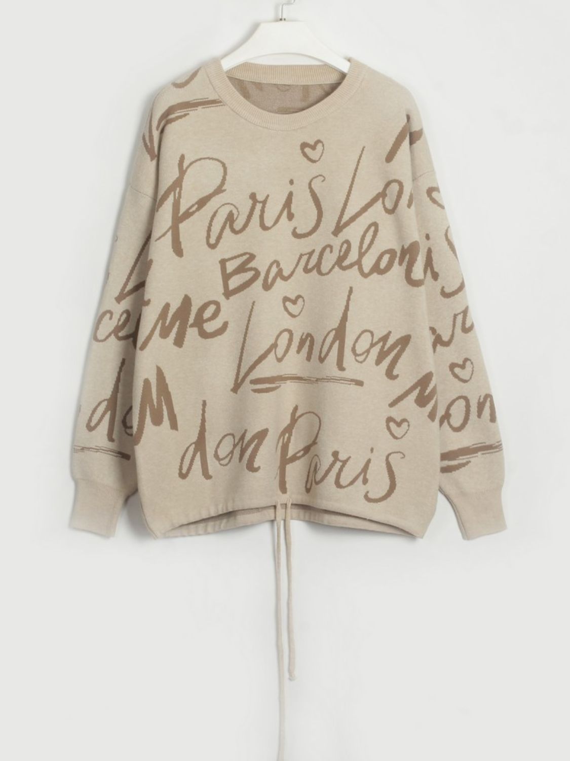 Letter Round Neck Drawstring Sweater