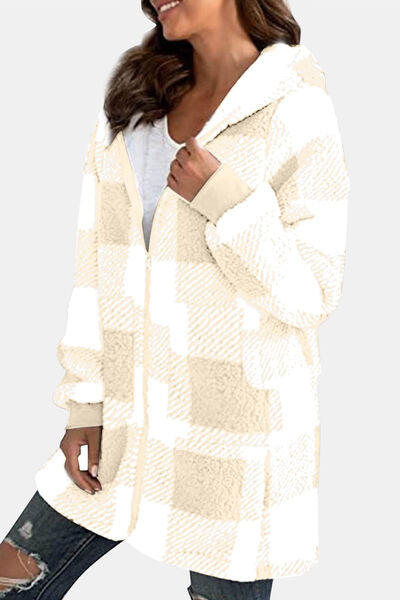 Double Take Full Size Plaid Long Sleeve Hooded Coat