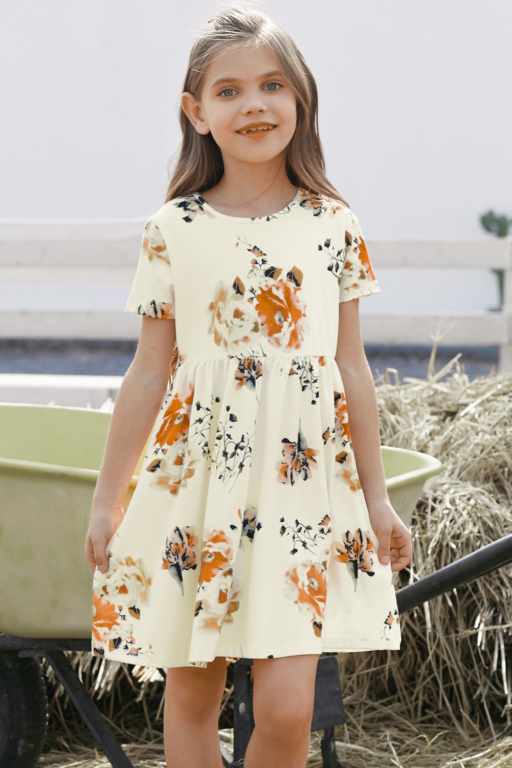 Girls Floral Short Sleeve Round Neck Dress, Sizes 4T - 12