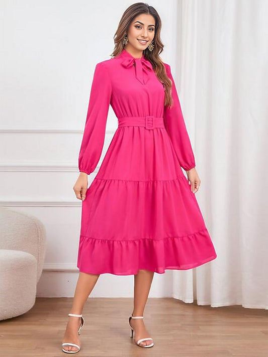 Tie Neck Long Sleeve Tiered Dress