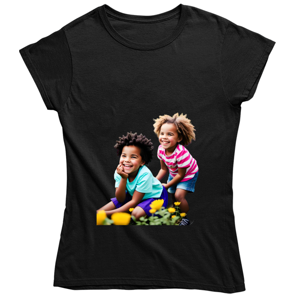 Sisters Playing In Flower Garden Ladies T Shirt