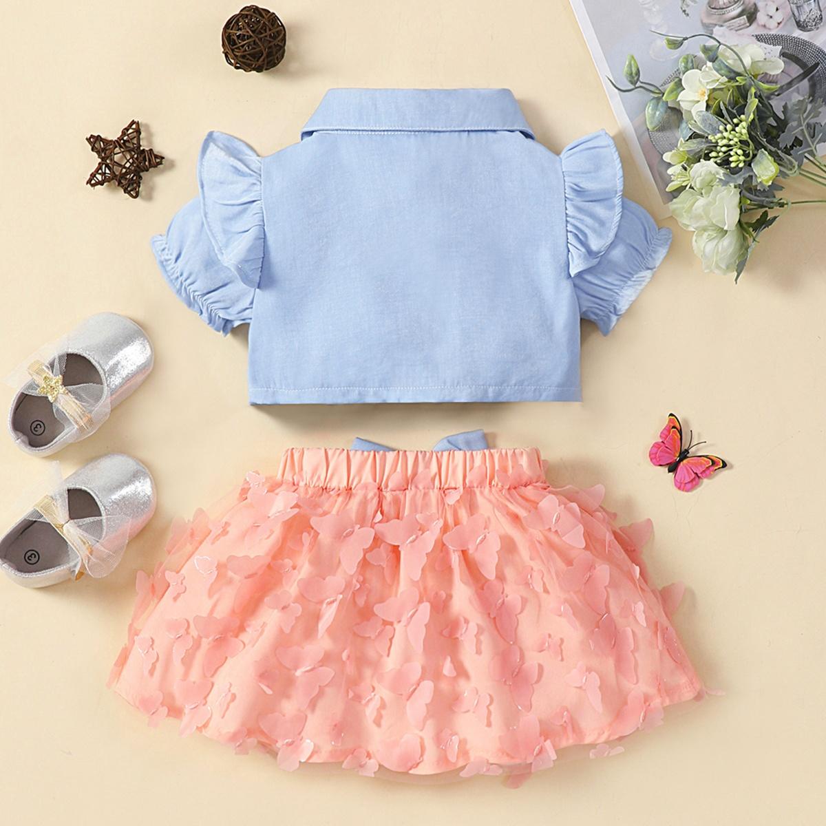 Uylee’s Boutique Ruffle Shoulder Shirt and Butterfly Applique Skirt Set