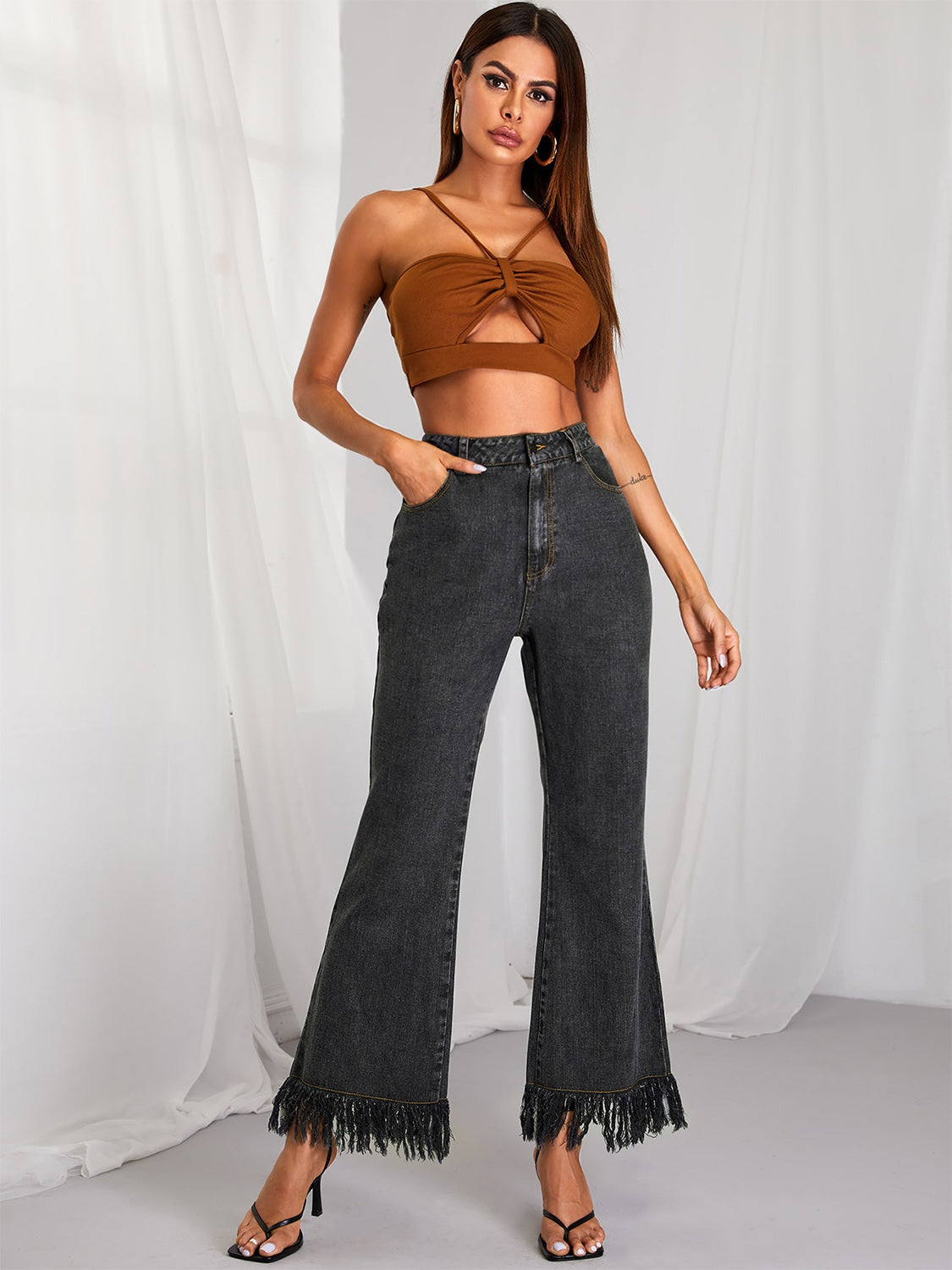 Fringe Detail Wide Leg Jeans