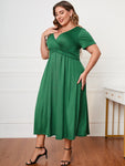 Uylees Boutique Plus Size Short Sleeve Surplice Neck Midi Dress