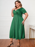 Uylees Boutique Plus Size Short Sleeve Surplice Neck Midi Dress
