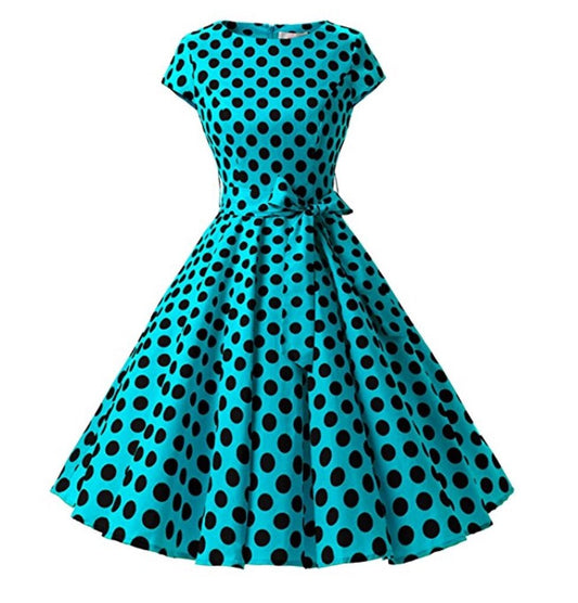 1950s Inspired Retro Inspired Dress, Turquoise with Large Black Polka Dots, Sizes XS - 3XL - Uylee's Boutique