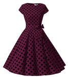 1950s Inspired Retro Rockabilly Cap-Sleeve Dress, Violet with Large Black Polka Dots, Sizes XS - 3XL - Uylee's Boutique