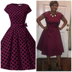 1950s Inspired Retro Rockabilly Cap-Sleeve Dress, Violet with Large Black Polka Dots, Sizes XS - 3XL - Uylee's Boutique