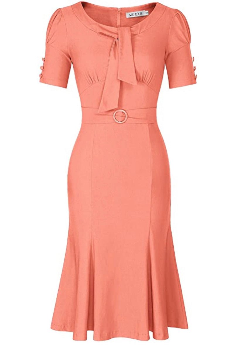 1950’s Style Short Sleeve Mermaid Dress, Sizes Small - 2XLarge (Peach) - Uylee's Boutique