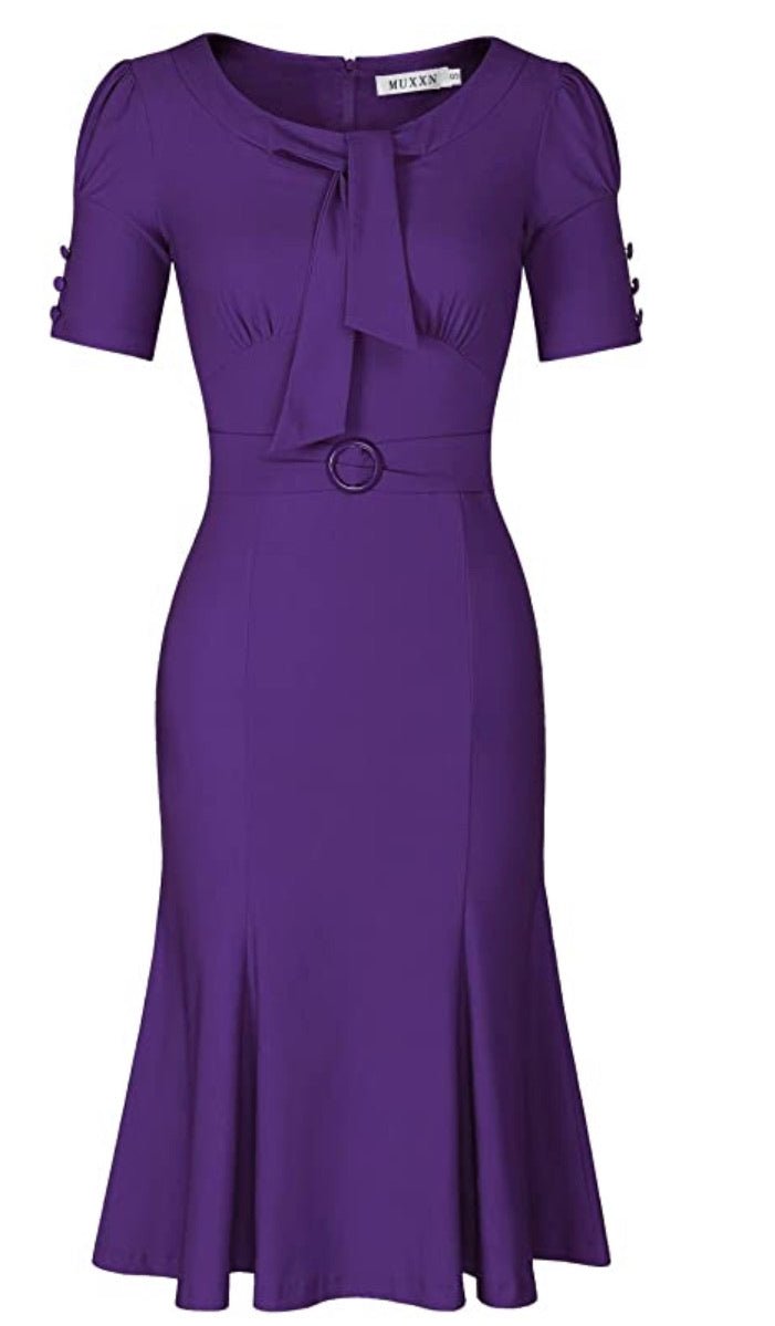 1950’s Style Short Sleeve Mermaid Dress, Sizes Small - 2XLarge (Purple) - Uylee's Boutique