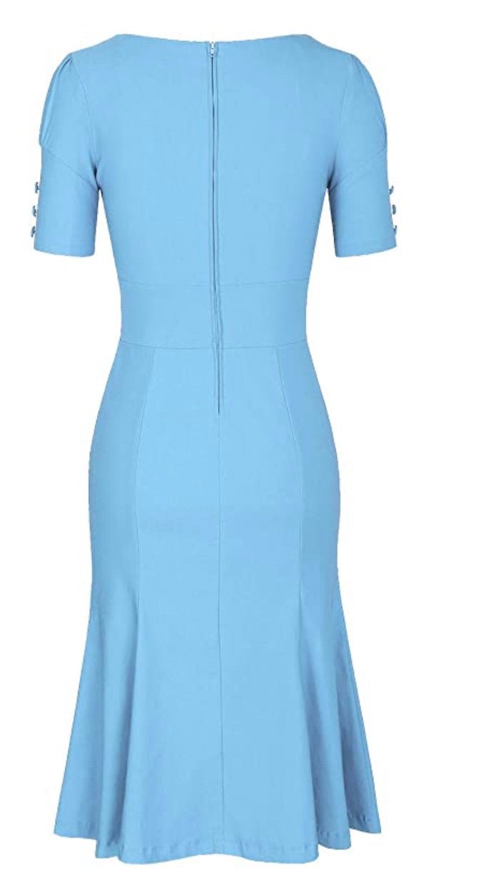 1950’s Style Short Sleeve Mermaid Dress, Sizes Small - 2XLarge (Sky Blue) - Uylee's Boutique