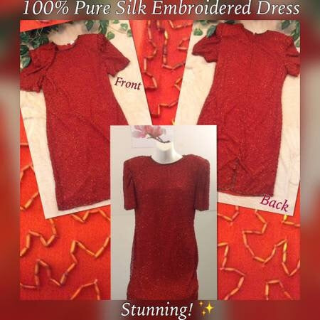 Red Indian Vintage 100% Pure Silk Beaded Dress, Size Medium - Gently Used