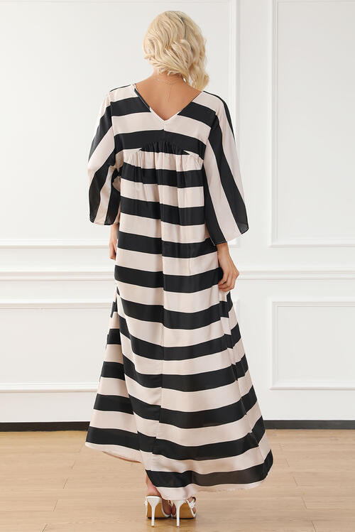 Striped V-Neck Ruched Dress