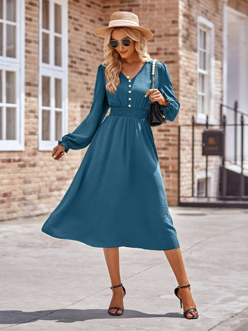Uylee’s Boutique Buttoned V-Neck Flounce Sleeve Midi Dress