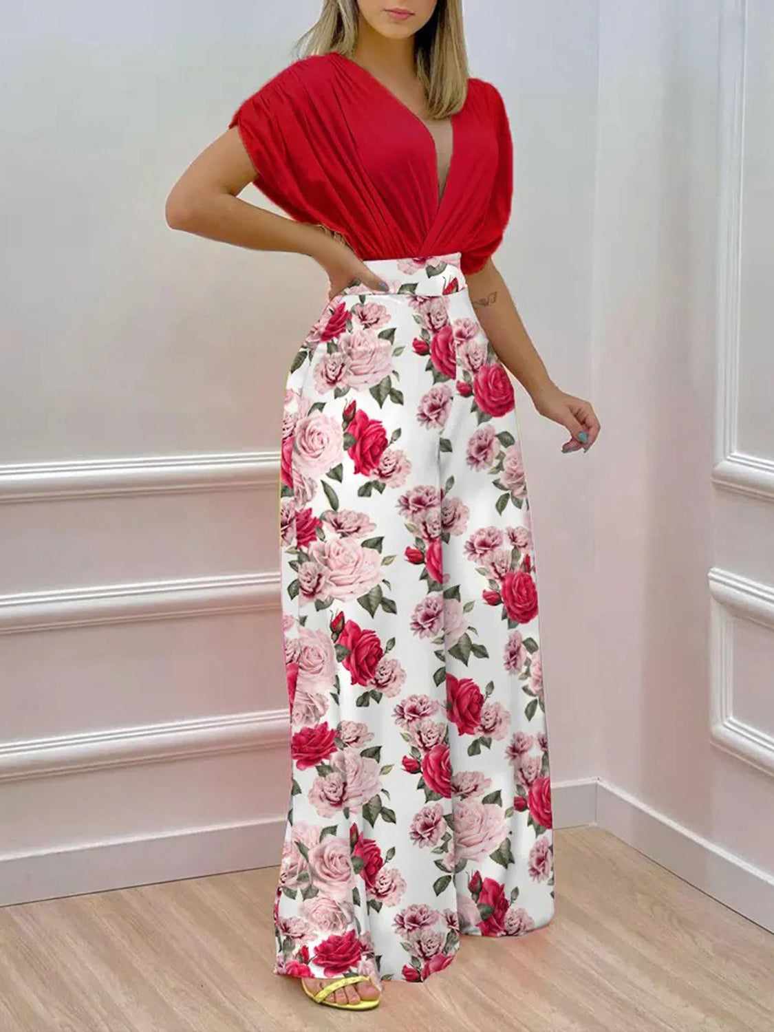 MUST WEAR AN INNER BLOUSE FOR THIS ITEM FOR MODESTY  - Printed Surplice Top and Wide Leg Pants Set