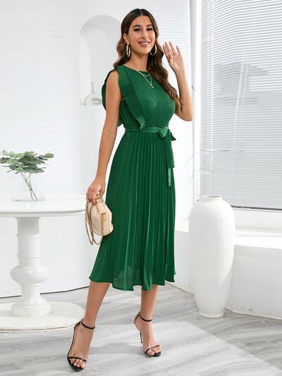 Tied Round Neck Pleated Midi Dress