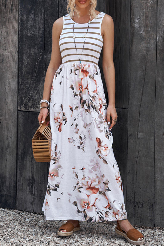 Uylee's Boutique Striped Floral Round Neck Sleeveless Maxi Dress