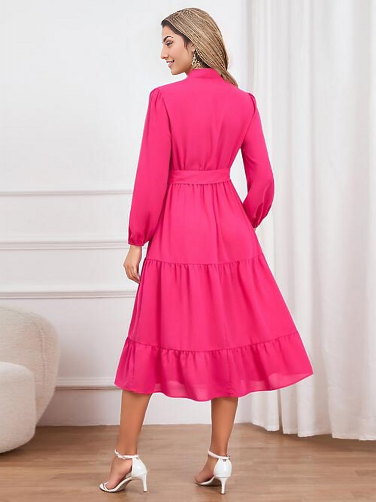 Tie Neck Long Sleeve Tiered Dress