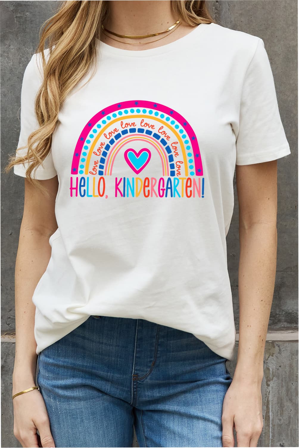 Simply Love Full Size LOVE HELLO KINDERGARTEN Rainbow Graphic Cotton Tee