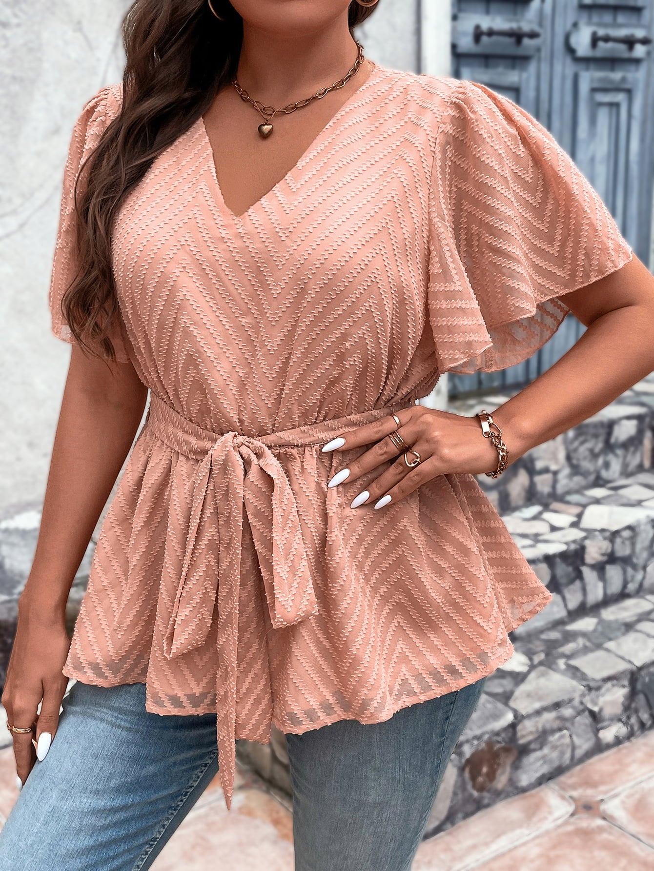 Uylee's Boutique Plus Size V-Neck Flutter Sleeve Tie Waist Blouse