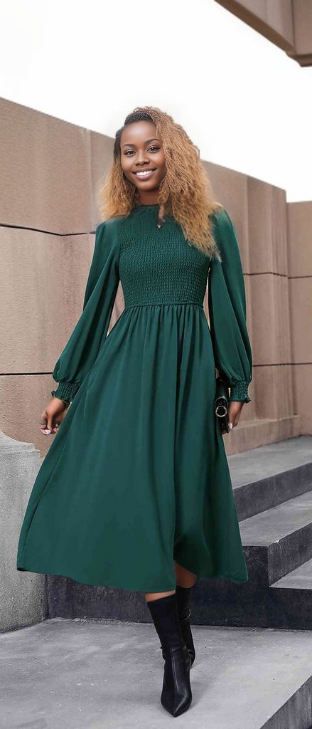 Smocked Long Sleeve Midi Dress