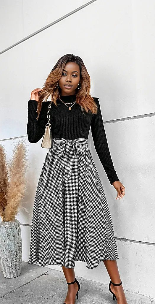 Ribbed Round Neck Long Sleeve Tie Waist Midi Dress