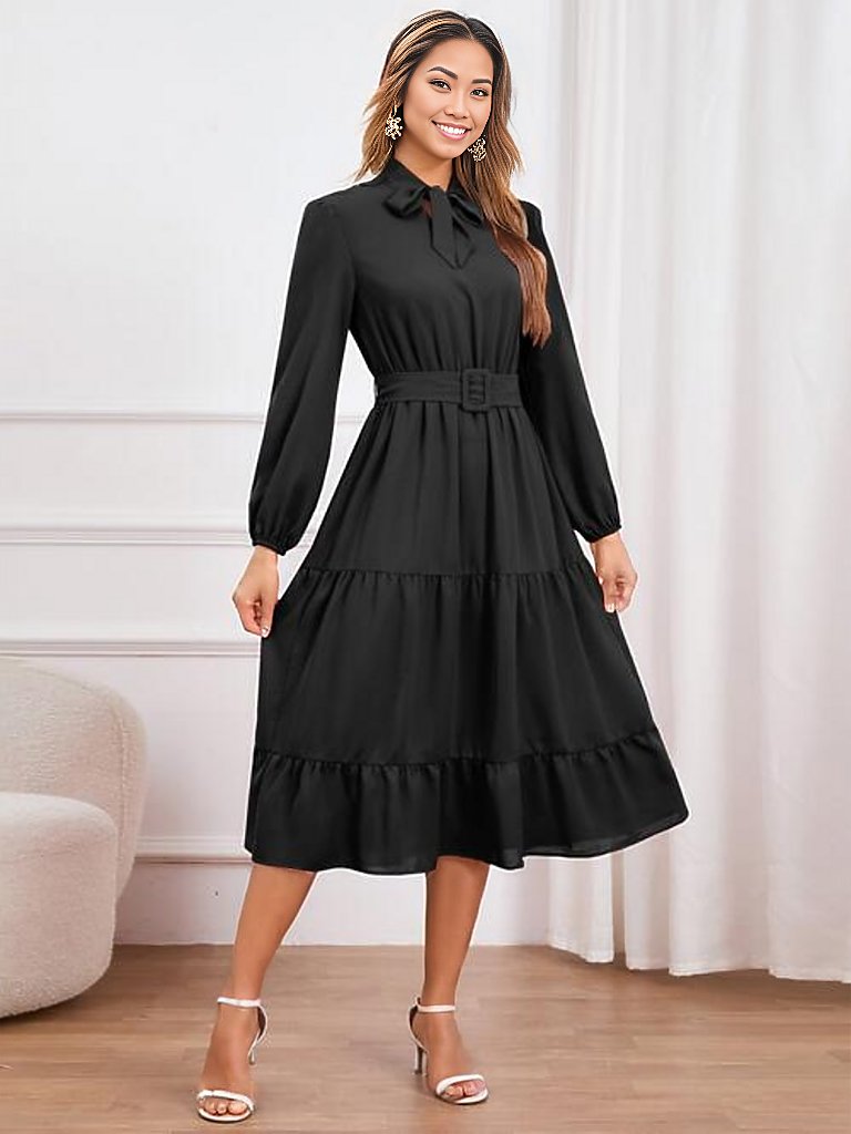 Tie Neck Long Sleeve Tiered Dress