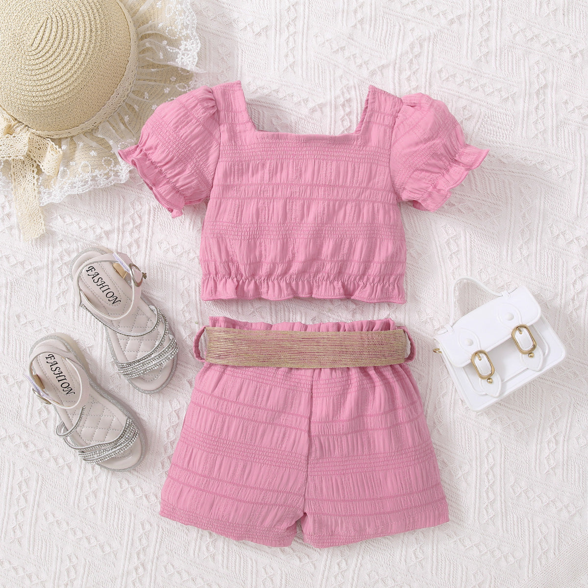 Uylee's Boutique Kids Textured Bow Detail Top and Belted Shorts Set