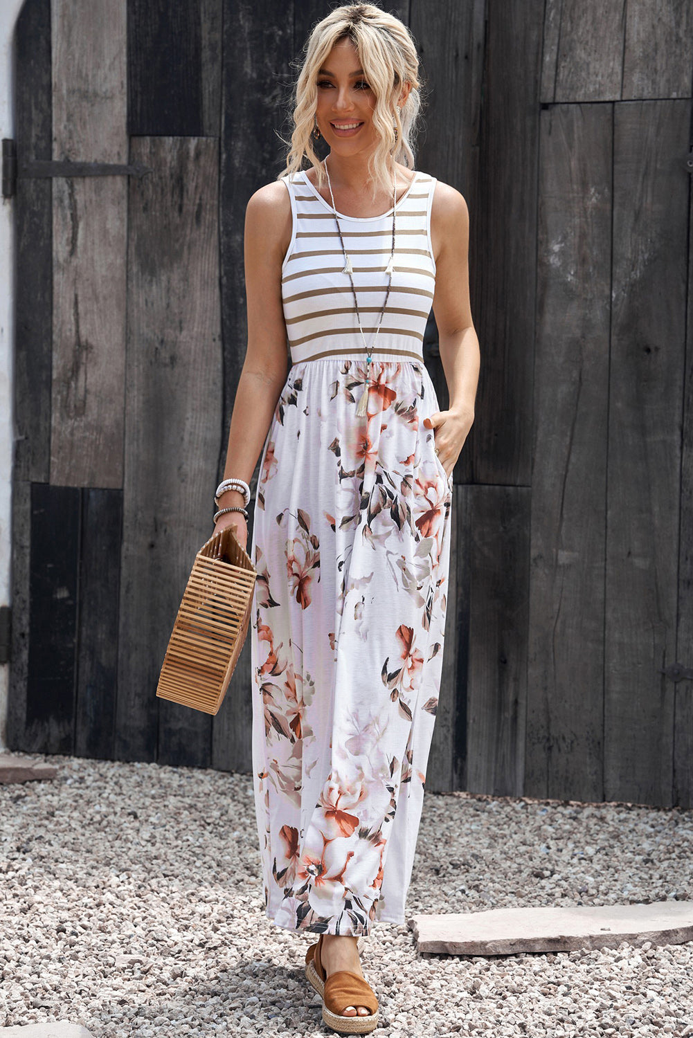 Uylee's Boutique Striped Floral Round Neck Sleeveless Maxi Dress