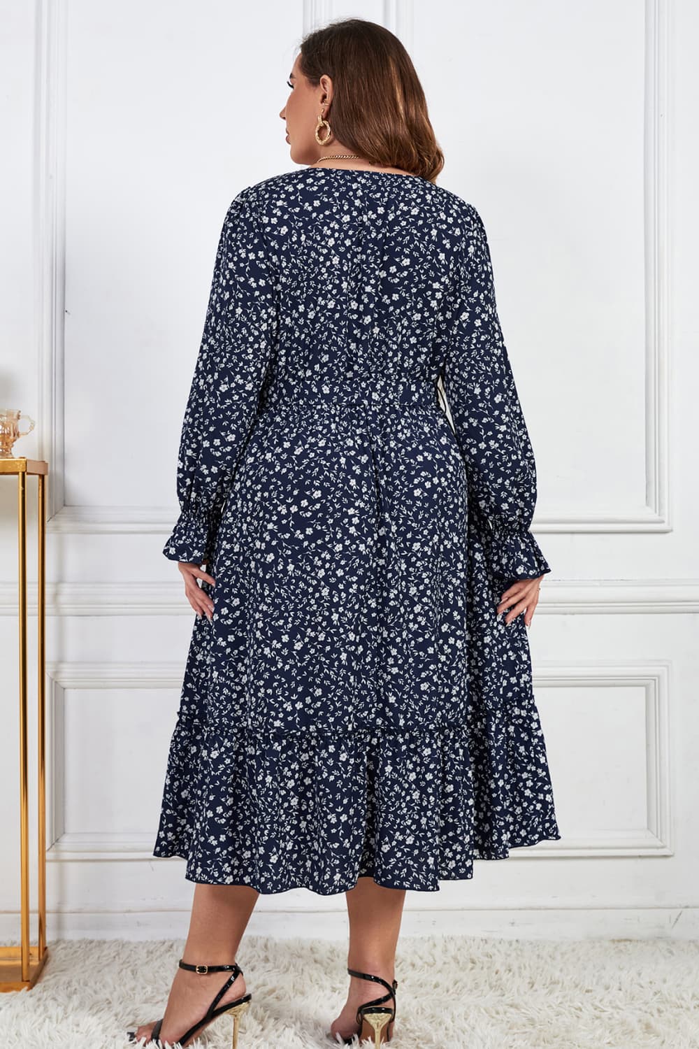 Melo Apparel Plus Size Floral Print V-Neck Flounce Sleeve Midi Dress