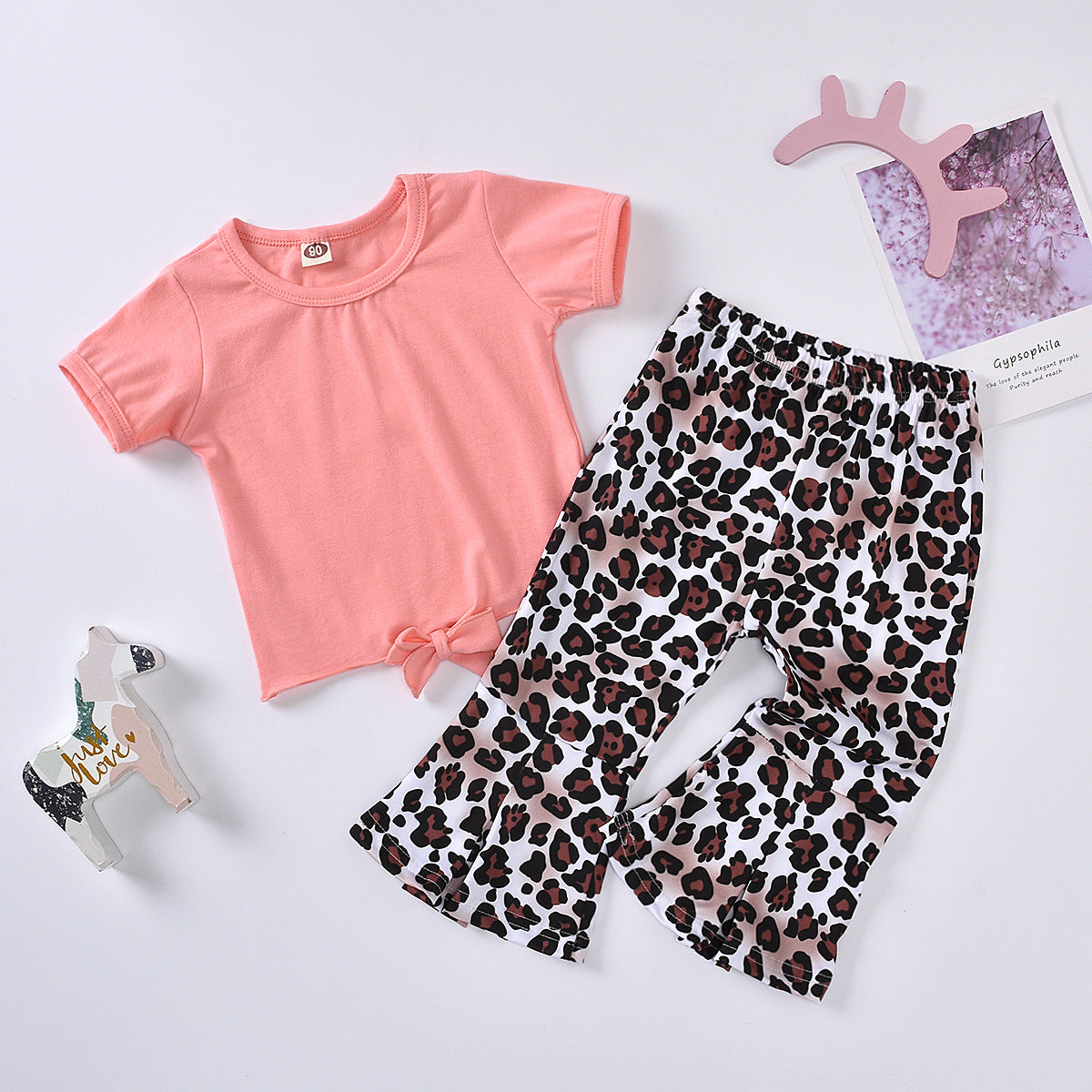 Girls Bow Detail Top and Leopard Flare Pants Set