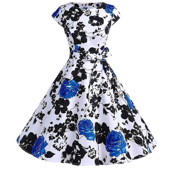 Vintage Inspired Floral Cocktail Swing Dress, Sizes S - 2XL