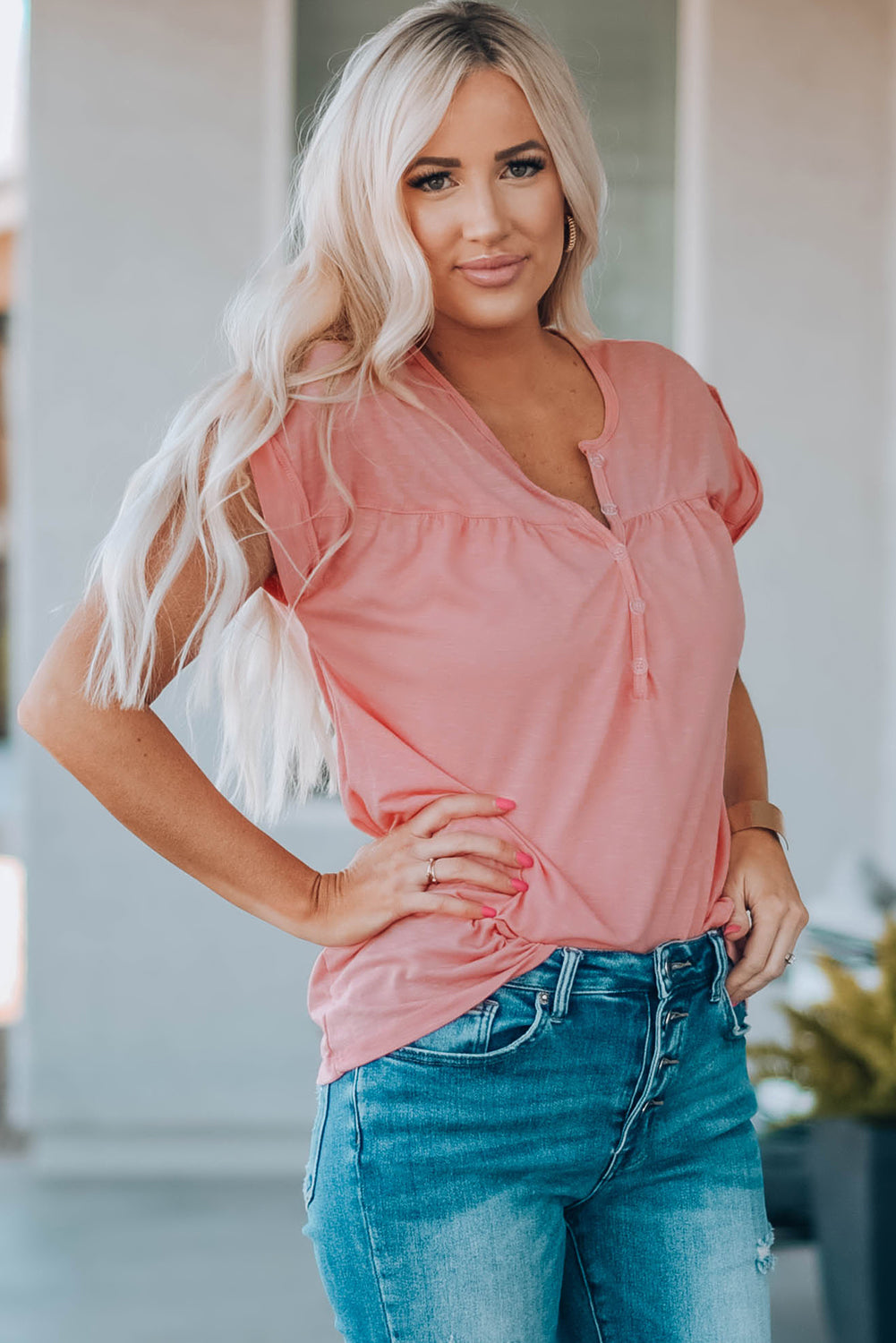 Uylee’s Boutique Women Buttoned Roll-Tab Sleeve Tee Shirt (Mommy and Me Top)