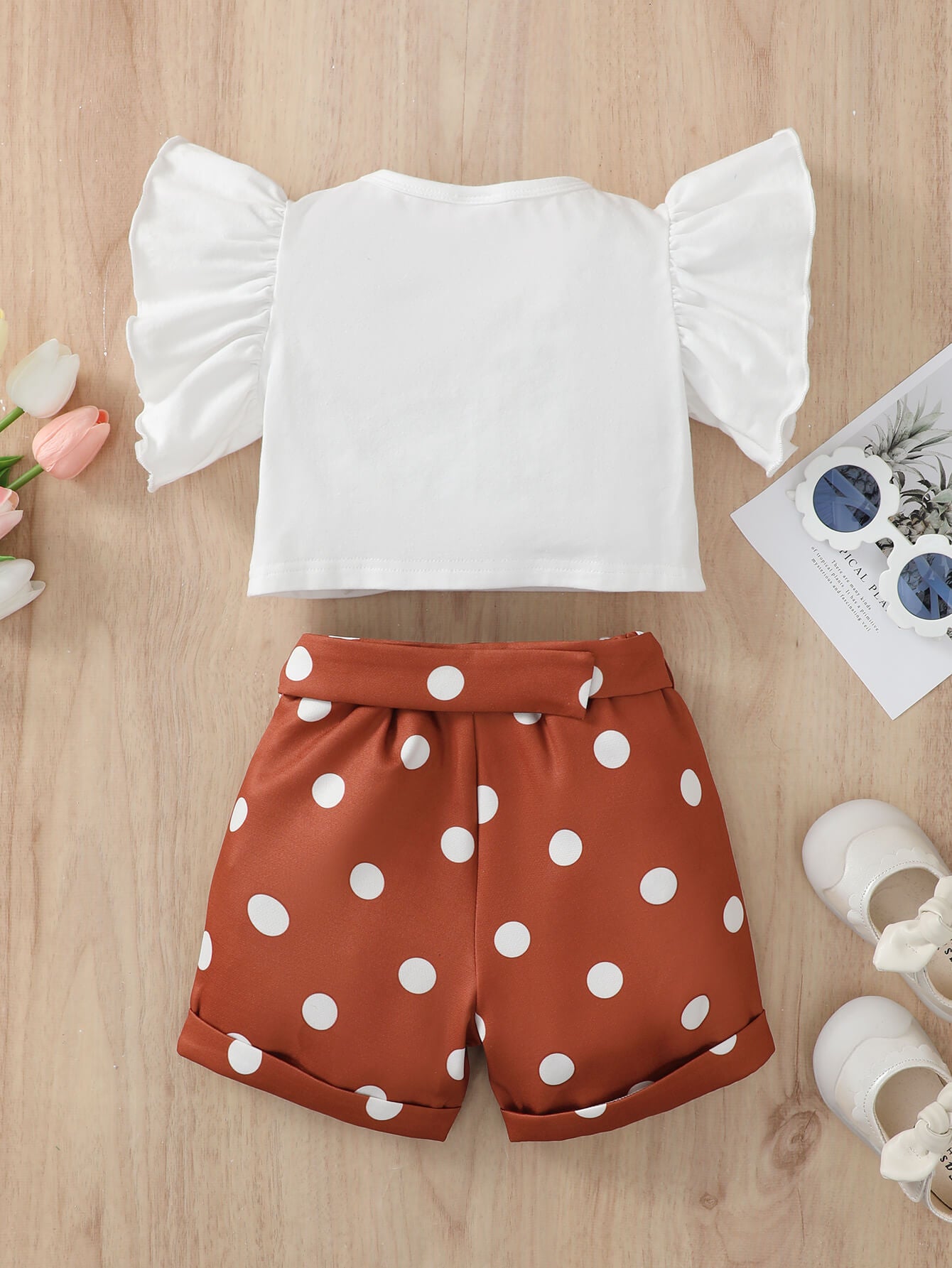 Girls Graphic Butterfly Sleeve Top and Polka Dot Shorts Set, Sizes 12M - 3T