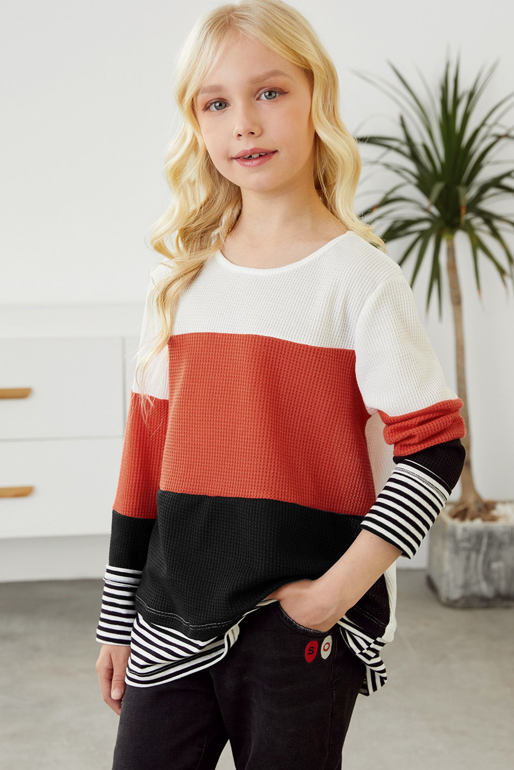 Kids Striped Color Block Waffle-Knit Long Sleeve Top