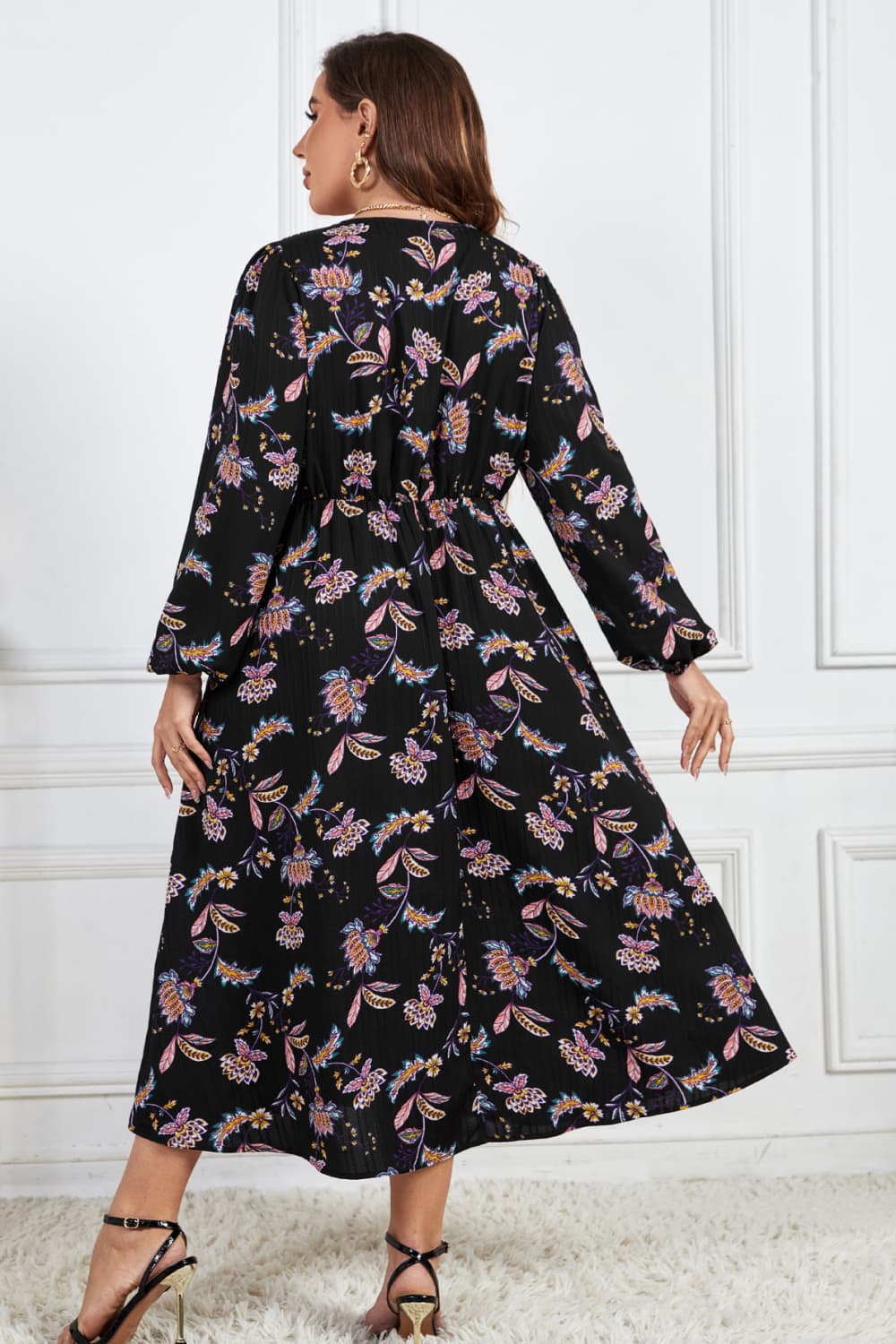 Plus Size Floral Print Long Sleeve Midi Dress