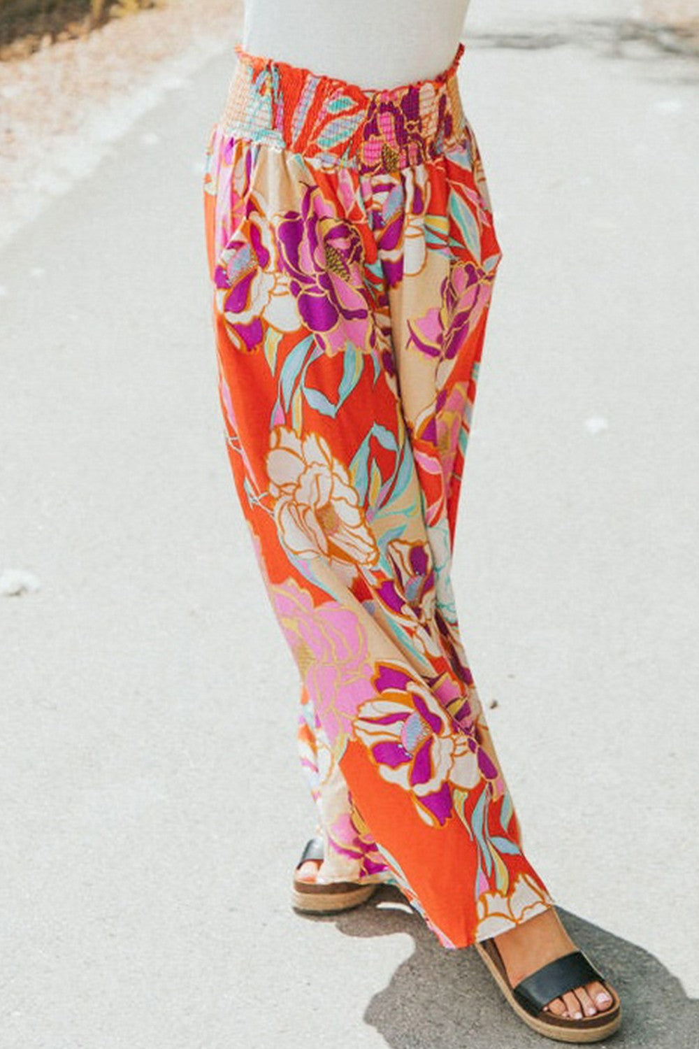 Floral Smocked Wide Waistband Palazzo Pants