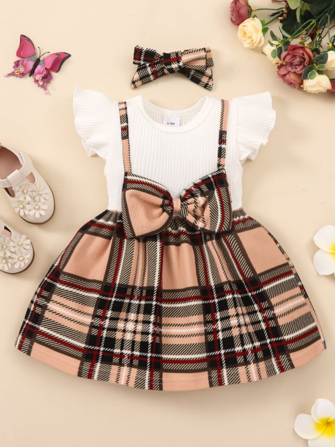 Girls Plaid Bow Detail Ribbed Dress, Sizes 3M - 3Years