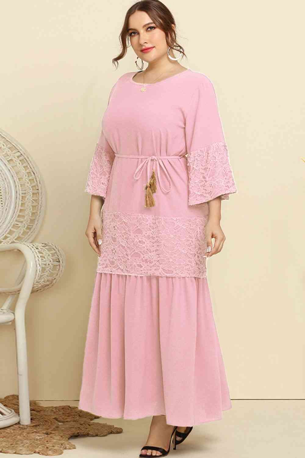 Plus Size Spliced Lace Tassel Belted Dress