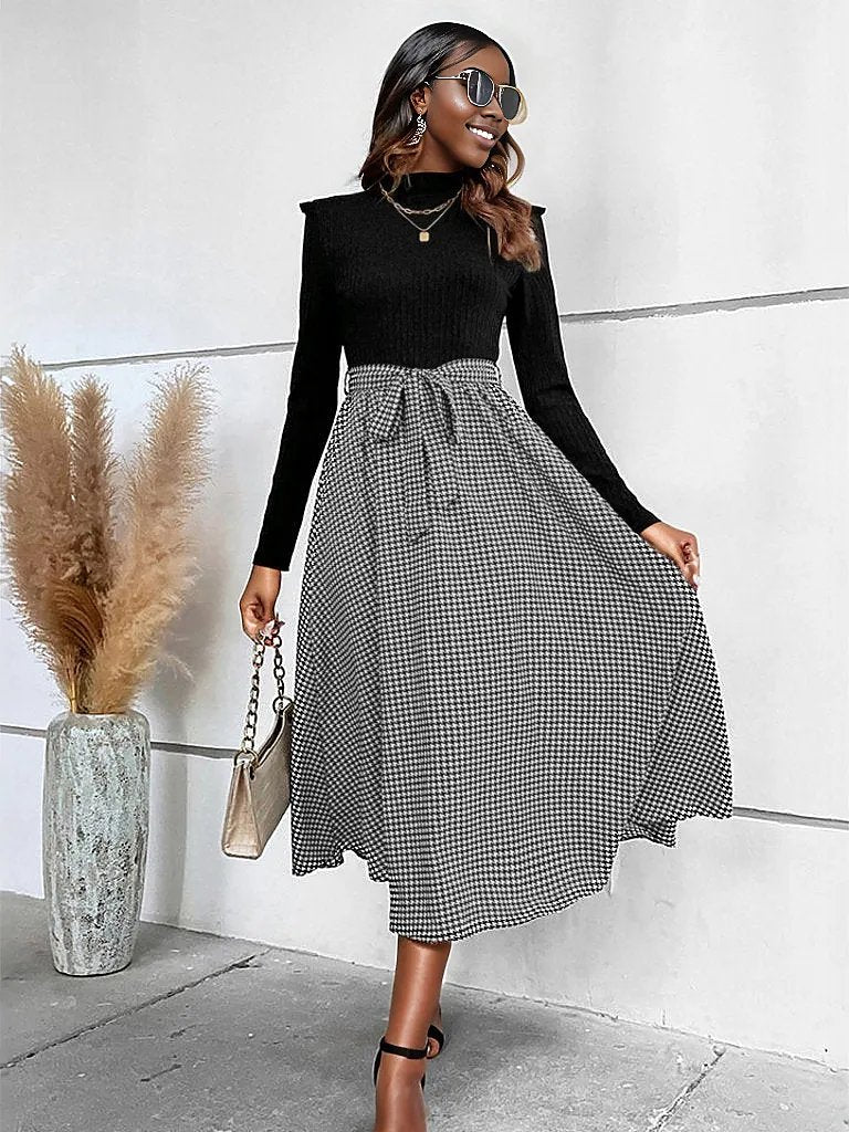 Ribbed Round Neck Long Sleeve Tie Waist Midi Dress