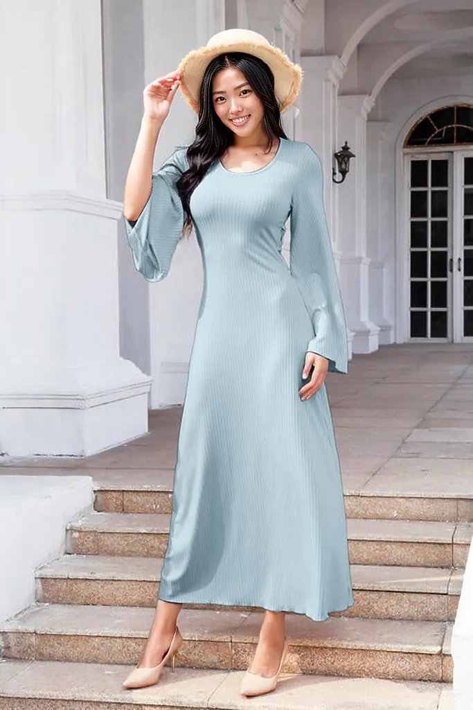 Tie Back Ribbed Round Neck Long Sleeve Dress