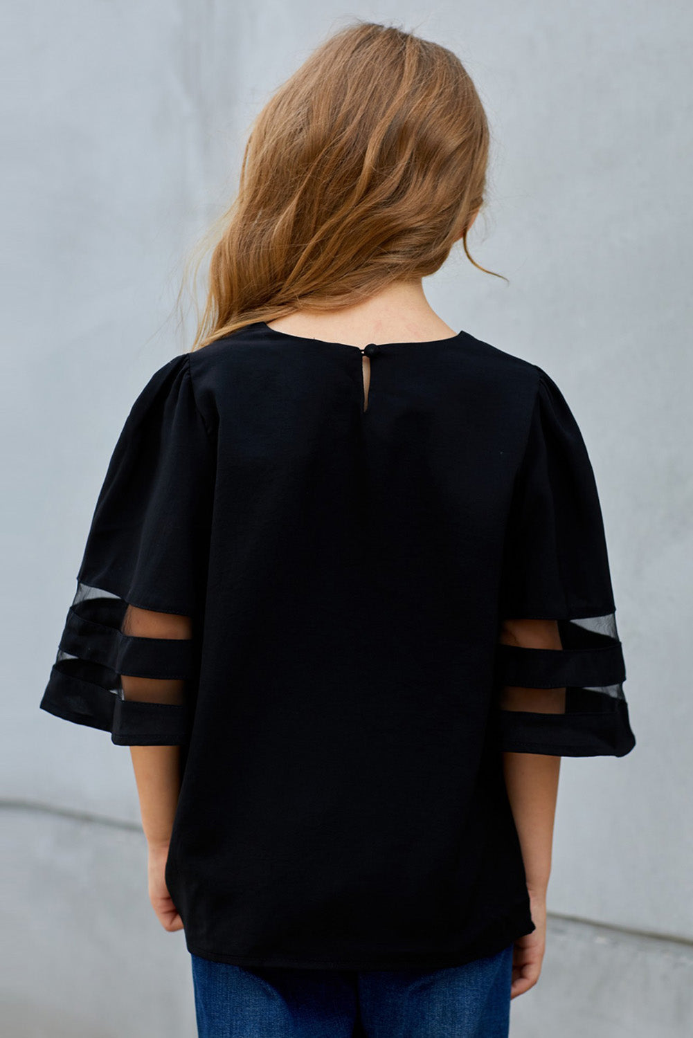 Girls Sheer Striped Flare Sleeve Tee Shirt, Availble in Black or White, Sizes 4T - 12