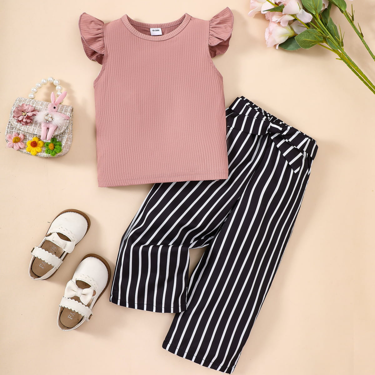 Uylee's Boutique Round Neck Butterfly Sleeve Top and Striped Pants Set