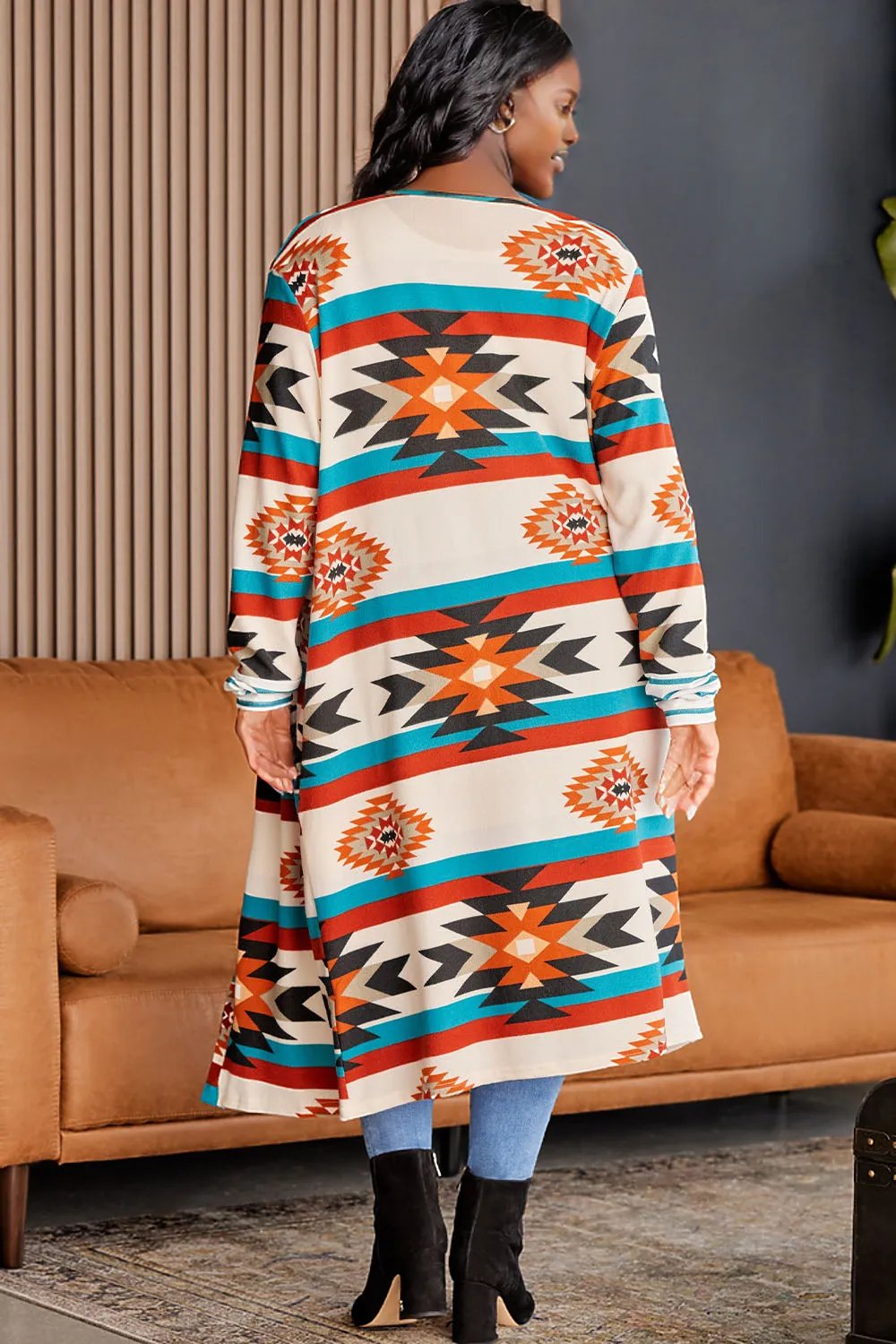 Plus Size Geometric Open Front Longline Cardigan