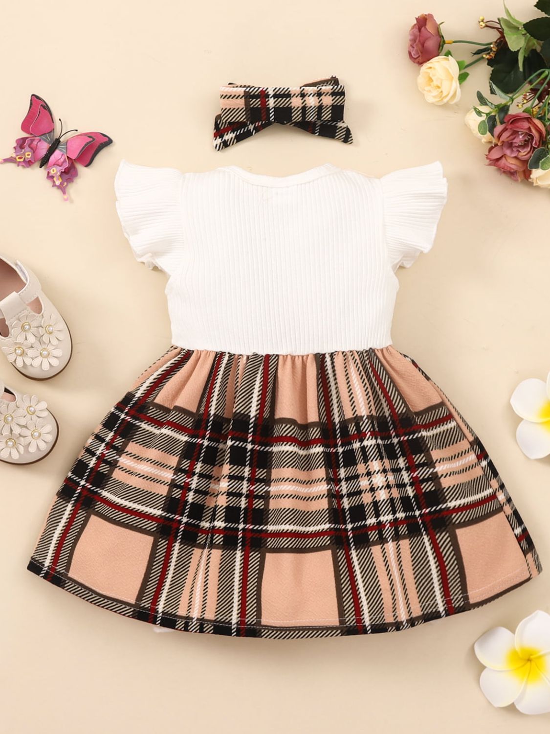 Girls Plaid Bow Detail Ribbed Dress, Sizes 3M - 3Years