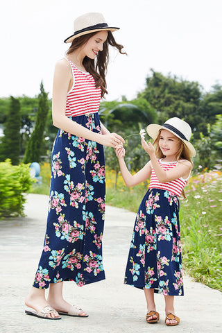 Girls Striped Floral Sleeveless Dress (Mommy and Me Set)