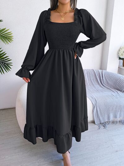 Smocked Square Neck Flounce Sleeve Dress