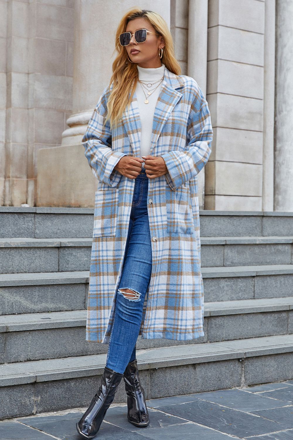 Plaid Long Sleeve Lapel Collar Coat