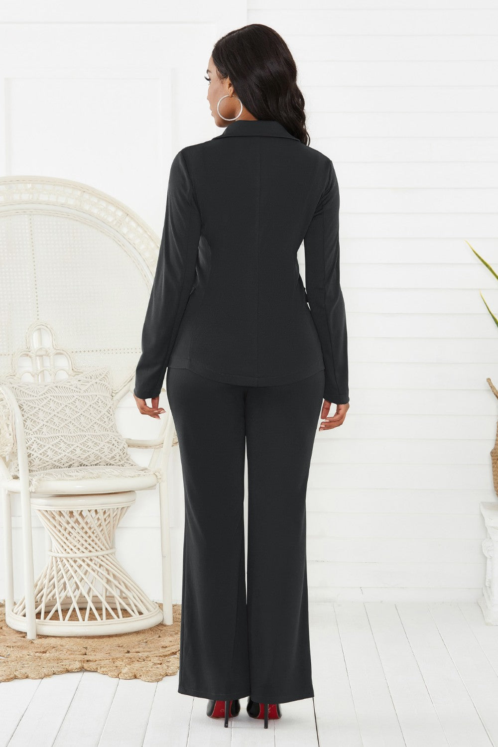 Lapel Collar Long Sleeve Blazer and Pants Set - Two Color Choices