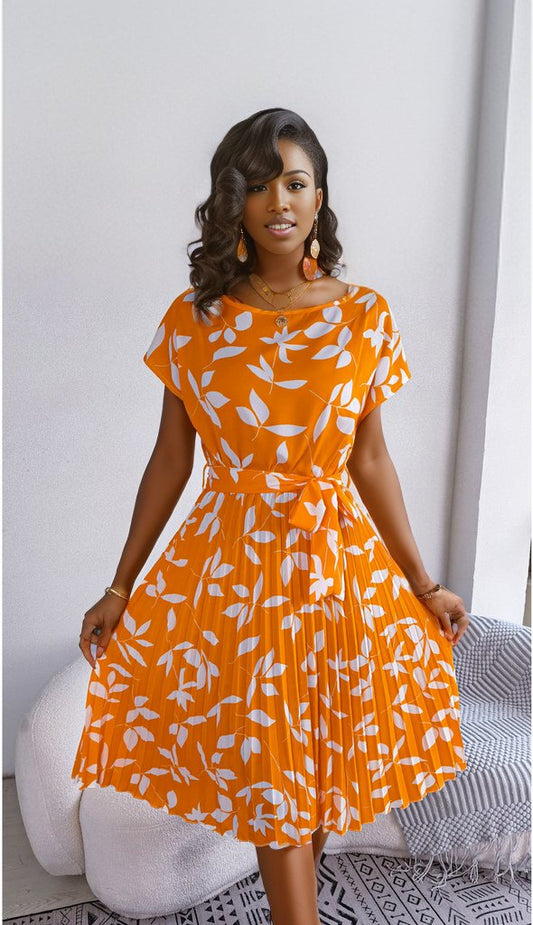 Printed Round Neck Short Sleeve Pleated Dress